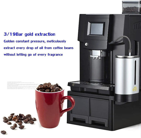 Fully Automatic Espresso Coffee Machine With Built In Grinder And Brewer Dual Bean Or Powder Mode For Lattes And Cappuccinos Auto Clean System sleek black design with a red mug and coffee beans.
