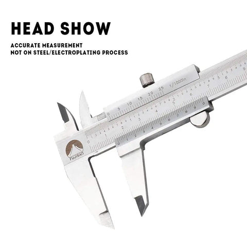 Close-up of Pro Grade Vernier Caliper in Stainless Steel Hardened Chrome Plated for precise measurements in DIY workshops.