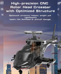 Indoor RC Copter For Adults With GPS, sleek black design, CNC rotor head, city backdrop.
