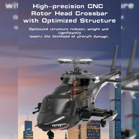 Indoor RC Copter For Adults With GPS, sleek black design, CNC rotor head, city backdrop.