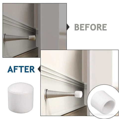 Before and after images showing 10 Pack Door Stopper Rubber Tips 0.39 Inch Inner Diameter Door Stop Caps for wall protection.