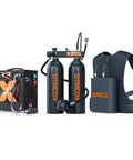 Twin 1.9L Scuba Tank Kit, 3.8L Portable Back-Mounted Dive Cylinder With S700MAX Regulator, visible with vest and accessories