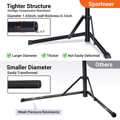 Comparison of stand structures showing thicker and stable triangular base for Foldable Bike Repair Stand With Height Adjustable Arm