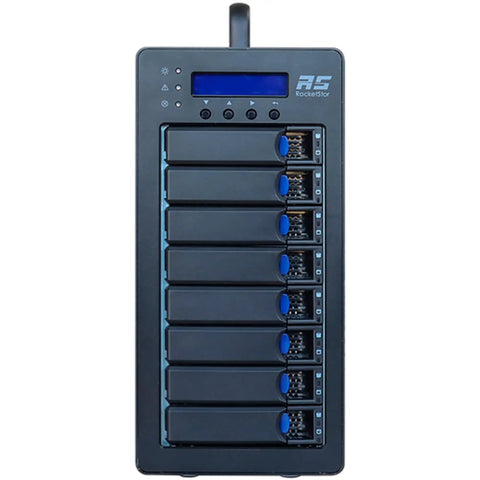 Heavy Duty 8 Bay Thunderbolt 3 Raid Enclosure Supporting Full Raid Arrays With 40 Gbps Bandwidth Dual Usb Type C Ports And Hot Swappable Trays, front view showing eight drive bays.