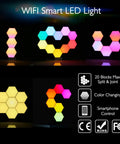 Lit Smart Hexagon LED Light Kit, 10 Pack WiFi Wall And Tabletop Blocks in customizable shapes, showcasing color variations.