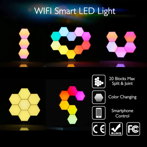Lit Smart Hexagon LED Light Kit, 10 Pack WiFi Wall And Tabletop Blocks in customizable shapes, showcasing color variations.