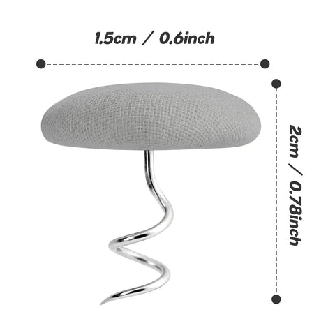 Light Grey Twist Pins With Cloth Covered Heads Keep Your Slipcovers Locked Tight No More Slipping Around Quick Grip Fabric Anchor Tacks For Couch Covers Car Headliners And Home Decor Pack Of 24, showing dimensions of cloth head and twisted metal point.