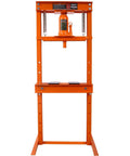 Heavy Duty H Frame Shop Press With True 12 Ton Hydraulic Power Bend Straighten And Punch Metal Works Smooth As Butter Adjustable Base, front view, orange steel construction.