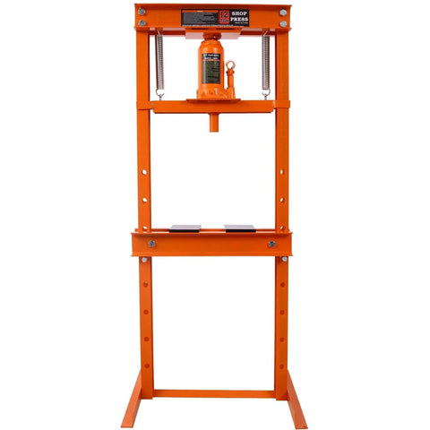 Heavy Duty H Frame Shop Press With True 12 Ton Hydraulic Power Bend Straighten And Punch Metal Works Smooth As Butter Adjustable Base, front view, orange steel construction.