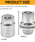M12x1.5 Wheel Lock Lug Nuts Set 4 Pcs Anti Theft Chrome Locking Lug Nut Kit With 1 Key Replacement Chrome Wheel Locks