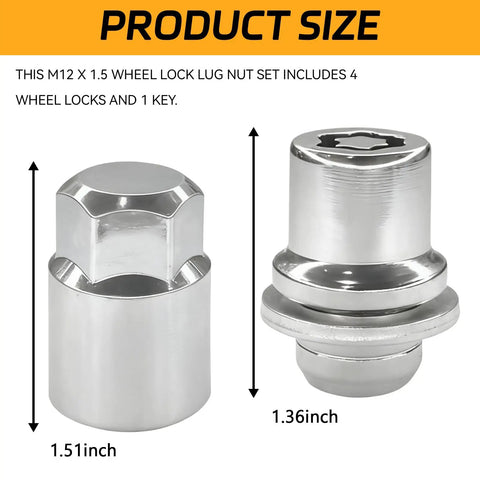 M12x1.5 Wheel Lock Lug Nuts Set 4 Pcs Anti Theft Chrome Locking Lug Nut Kit With 1 Key Replacement Chrome Wheel Locks