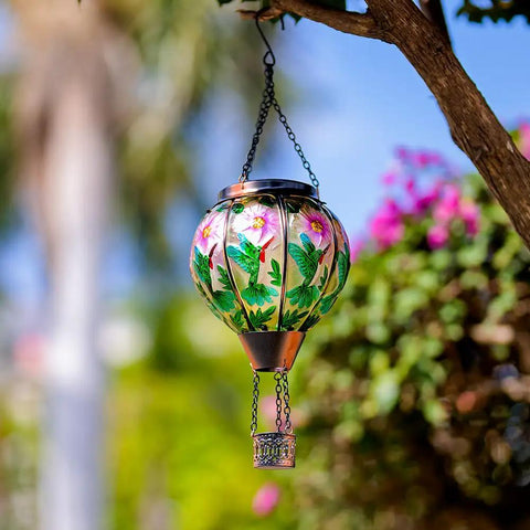 Hummingbird Hot Air Balloon Solar Lantern Outdoor Hanging Light With Flickering Flame Metal And Glass Waterproof Lanterns For Patio Yard Garden Decor Solar Powered Lit Glow Lighting