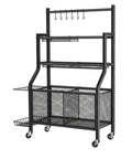 Heavy Duty Rolling Storage Rack And Athletic Gear Cart With Mesh Shelves Iron Frame For Gym Basement Garage Setup with hooks and casters.