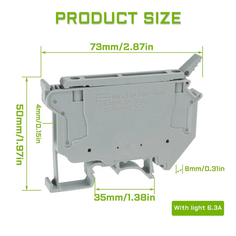 Side view of LED Indication Fuse Holder Terminal Block For DIN Rail 24V DC Screw Clamp, grey, 6.3A 800V, with dimensions.