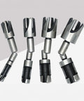 Straight Up Badass Eight Piece Wood Plug Cutter Drill Bit Set With Tapered And Straight Cutters For Legit Diy Woodworking Projects and Slick Heavy Duty Steel Hole Repairs, shown from above.