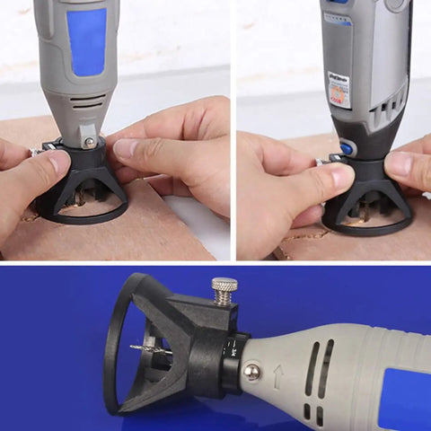 Must Have 2-Piece Mini Rotary Grinding Guide Positioner Precision Tool For Milling Attachment Drill Bit Setup And Depth Control Quick Fix! hands using tool for precise drill bit positioning on wood.