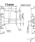 Technical diagram of EC11 Encoder Rotary Switch Pack Of 5 With Push Button Self Reset 11mm Shaft 5 Pin DIP Left Or Right Turn Encoder Switch Kit