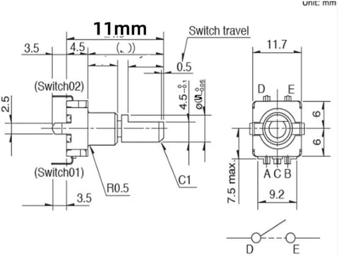 Technical diagram of EC11 Encoder Rotary Switch Pack Of 5 With Push Button Self Reset 11mm Shaft 5 Pin DIP Left Or Right Turn Encoder Switch Kit
