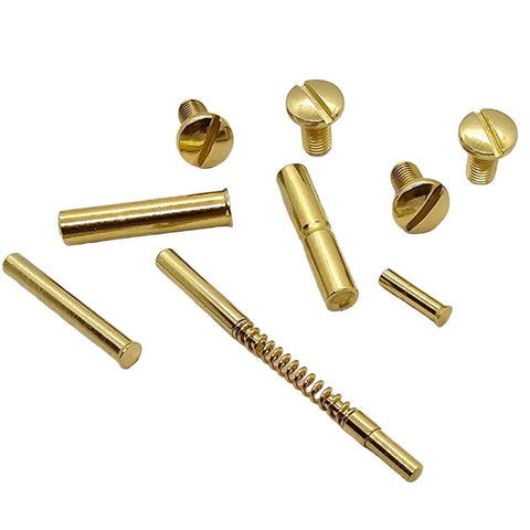 24K Gold Plated 1911 Grip Screws And Pins Kit for full size models showing set of four, hardened steel, shiny finish.