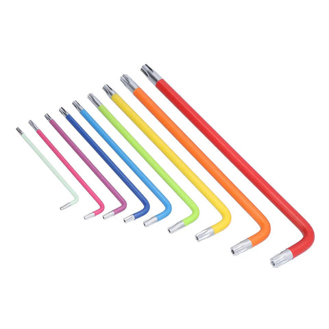 Top Notch Professional Star Hex Key Wrench Set Made From Heavy Duty Chrome Vanadium Steel Long Arm Torx Tool Kit With Zero Rebound Design For Real Mechanics And Serious DIY Projects In Sizes T10 Through T50 That Rock. multicolor Torx key set, chrome vanadium steel, long arm sizes T10-T50