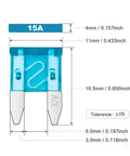 Close-up of a blue 15A mini fuse with measurements for Heavy Duty 14 AWG Add A Circuit Fuse Tap Adapter with ATM and Mini Fuse Holder