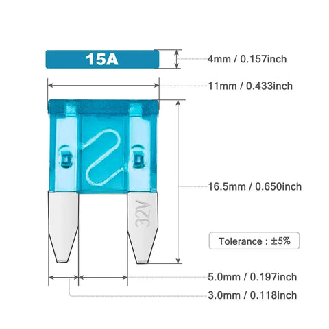 Close-up of a blue 15A mini fuse with measurements for Heavy Duty 14 AWG Add A Circuit Fuse Tap Adapter with ATM and Mini Fuse Holder
