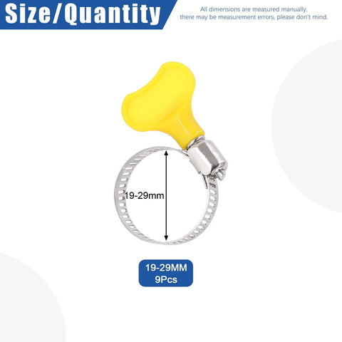 Adjustable hose clamps set with yellow handle, 19-29mm, 9pcs, stainless steel, ideal for plumbing and mechanical projects.