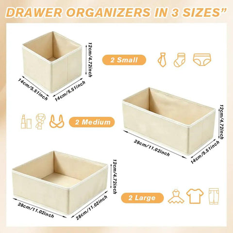 Kick Clutter To The Curb With This Slick Foldable Drawer Organizer Set Of Six Beige Fabric Compartments in three sizes.