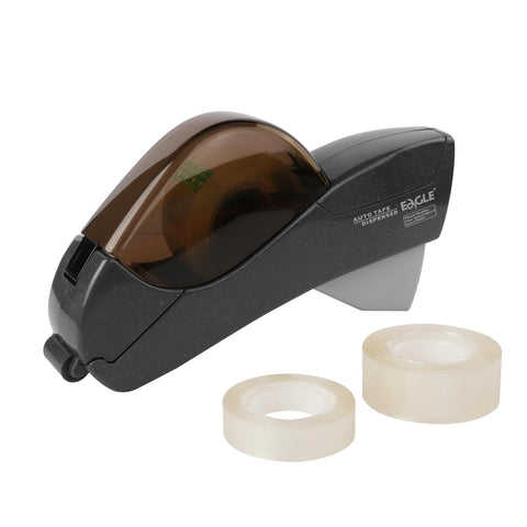 Dead Simple One Handed Automatic Tape Dispenser With Concealed Safety Cutter And Smooth Portable Grip For Quick Office Or Home Packing Tasks Includes Two Bonus Gray Rolls and two rolls of tape.