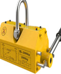 Heavy Duty Permanent Magnetic Lifter Delivering Knockout Grip For Two Thousand Kilogram Steel Plates And Workshop Block Handlers, yellow unit with handle.