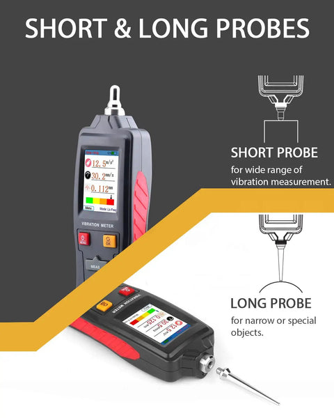 Handheld Vibration Meter And Digital Vibration Analyzer - Portable Vibrometer With Piezoceramic Accelerometer, short and long probes
