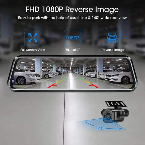 Dual 1080P Front And Rear Mirror Dash Cam With Night Vision, 10 Inch Full Touch Screen displaying reverse parking view
