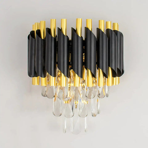 Dope Modern Crystal Wall Sconce With 2 E12 Sockets, 3-Tier Crystal Drops, Gold Finished Shade, Sleek Bedside Lamp for Bedroom