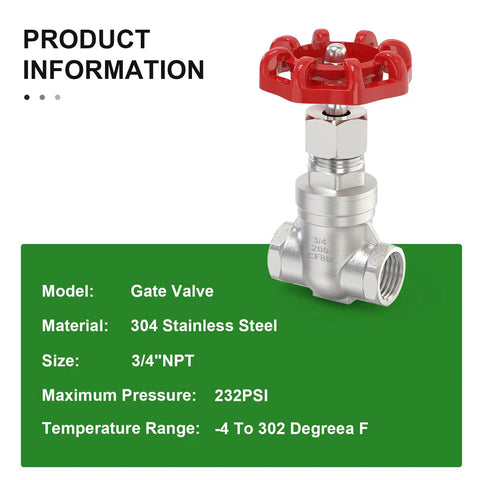 304 Stainless Steel Gate Valve 3/4 Inch NPT Female With Wheel Handle Full Bore for Water Oil Gas