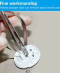 Watch Hand Remover Tool With Compression Spring Hand Puller Lifter For Pro Watch Repair Gear Non Scratch Plastic Tips Center Plunger Keeps Hands Steady Professional Watchmaker Accessory in use