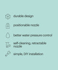 Infographic highlighting features of PureSpa Easy Non Electric Bidet Attachment with Self Cleaning Nozzles and DIY installation.