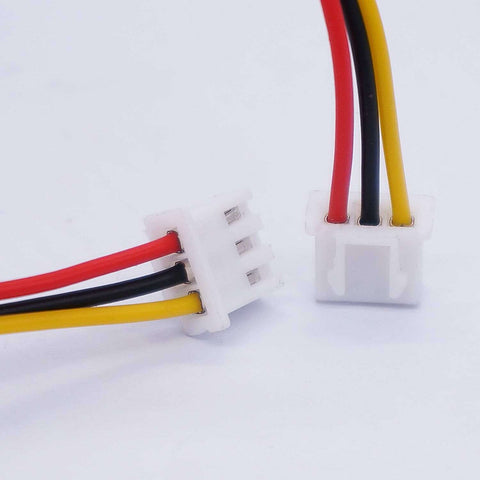 Close-up of 3-pin XH2.54 3P connectors with red, black, and yellow wires for Three 1K Ohm Linear Taper Rotary Potentiometers.