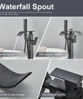 Matte Black Free Standing Tub Faucet With Hand Shower Floor Mounted Brass Tub Filler For Modern Bathrooms, Single Lever Waterfall Design, Easy Install, Durable Brass Construction, Perfect For Renovations showing waterfall spout and 360 degree rotation.