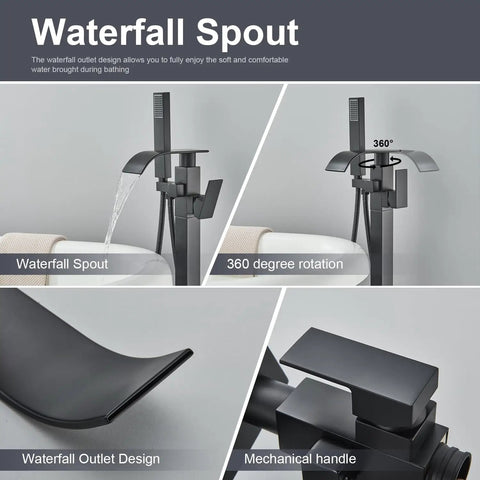 Matte Black Free Standing Tub Faucet With Hand Shower Floor Mounted Brass Tub Filler For Modern Bathrooms, Single Lever Waterfall Design, Easy Install, Durable Brass Construction, Perfect For Renovations showing waterfall spout and 360 degree rotation.