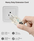 Hand holding plug of 50 Foot Outdoor Extension Cord With Six Outlets And Weatherproof Safety Cover ETL Listed Indicator Light 13A 125V 1625W Heavy Duty Power Cable With Built In Organizer For Halloween Christmas Decor And Outdoor Use