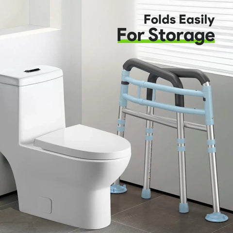 Rock Solid Adjustable Toilet Safety Rails For Seniors 300 Lbs Capacity Bathroom Assist Grab Bars folded next to toilet.