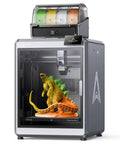 K2 Plus Combo 3D Printer With CFS Multi Color Printing Up To 16 Colors, featuring a 3D printed dinosaur model inside the build chamber.
