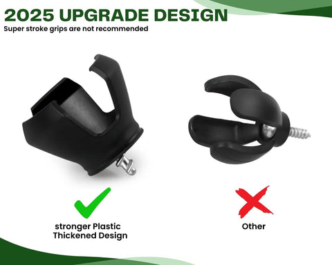Comparison of three-prong golf ball retriever tool and similar product with screw-in attachment, highlighting design differences.