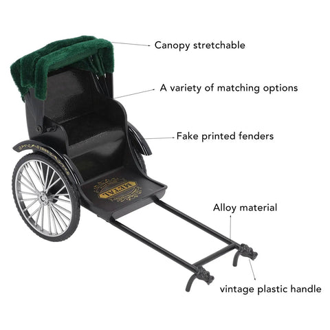 Retro Alloy Rickshaw Model Miniature Decor showcasing legit vintage charm and dope zinc construction in black, featuring a stretchable canopy.