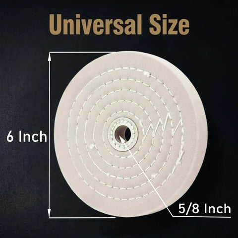 Top Shelf 6 Inch White Cotton Buffing Wheels 2 Pack With 5 8 Inch Arbor Hole Hella Thick 1 Inch Construction displayed with size measurements.