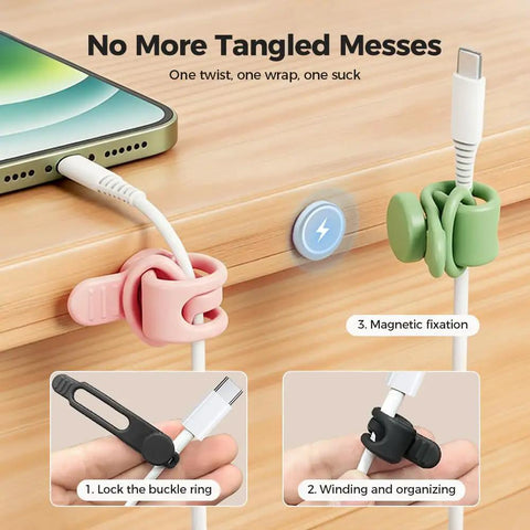 Dope Silicone Cable Organizer Set For Bundling And Fastening Wires And Headphones in pink and green on desk setup