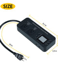 Front view of Ortis automatic vacuum switch for power tools with two outlets and LCD display, black plastic enclosure