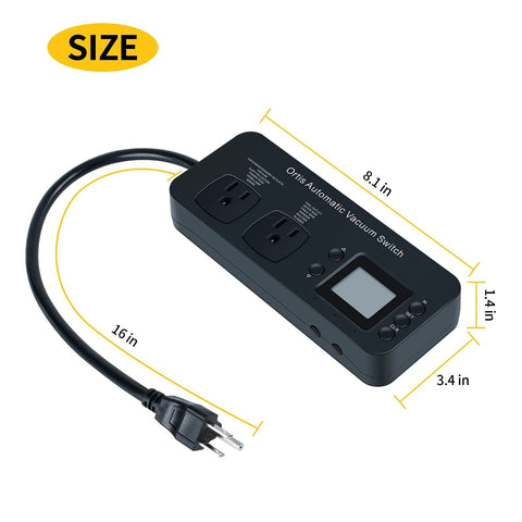 Front view of Ortis automatic vacuum switch for power tools with two outlets and LCD display, black plastic enclosure