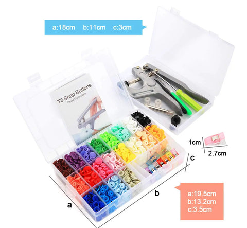 Bulk Snap Button Starter Kit With Pliers, 400 T5 Plastic No Sew Fasteners In 20 Colors, Aluminum Pliers, 2 Clear Storage Boxes, 10 Wonder Clips, And English Guide For DIY Sewing Clothes Diapers Rain Gear Crafting displayed in organizer box