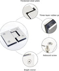 Rock Solid 180 Degree 304 Stainless Steel Glass Door Hinges Two Pack showing thickened plate, rubber pad, and rebound screw.